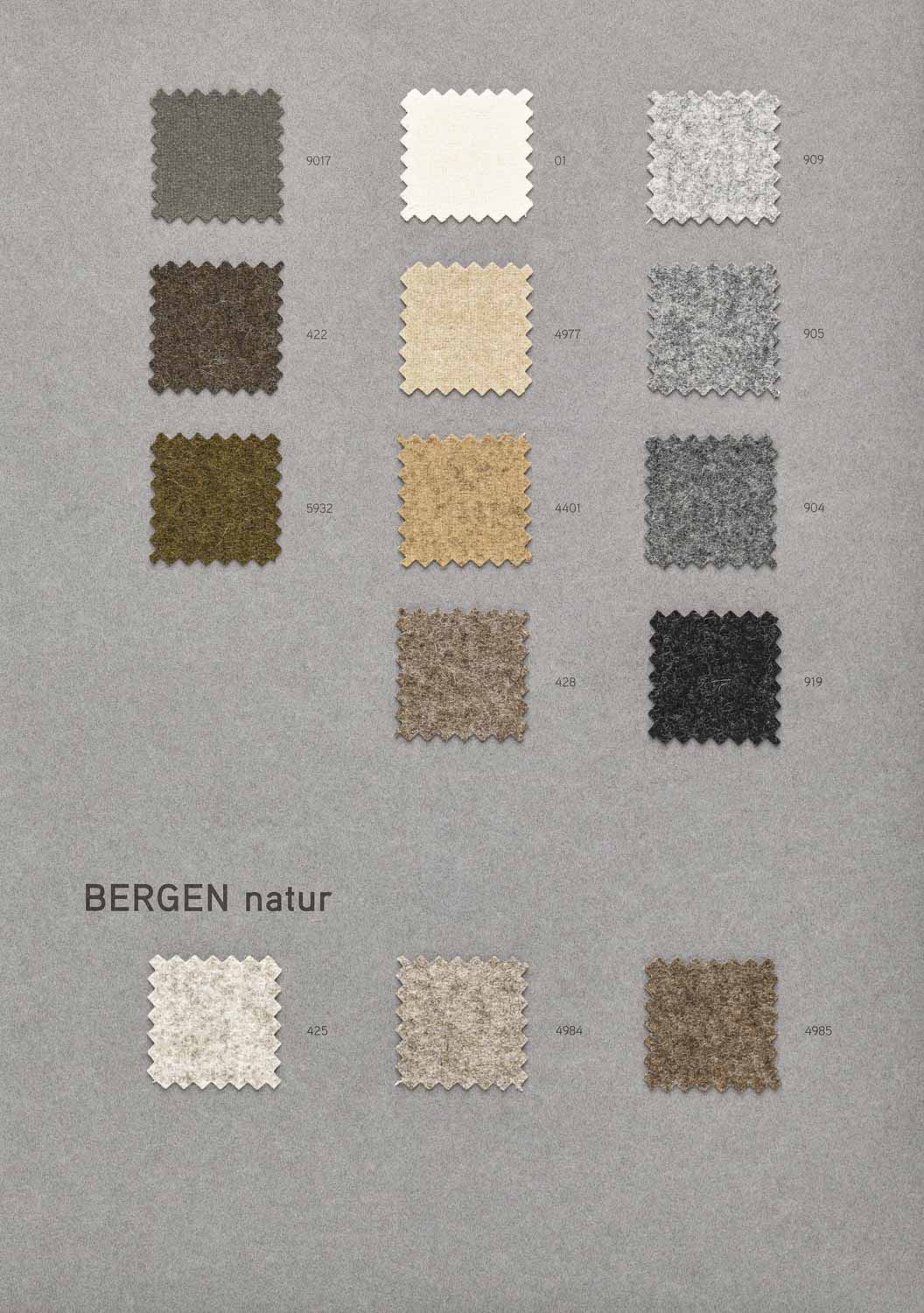 Stoffübersicht mit verschiedenen Farben des Bezugsstoffs Bergen