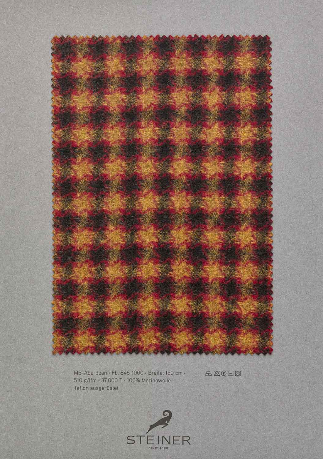 Musterkarte des Bezugsstoffs Aberdeen mit Karomuster in Rot und Schwarz