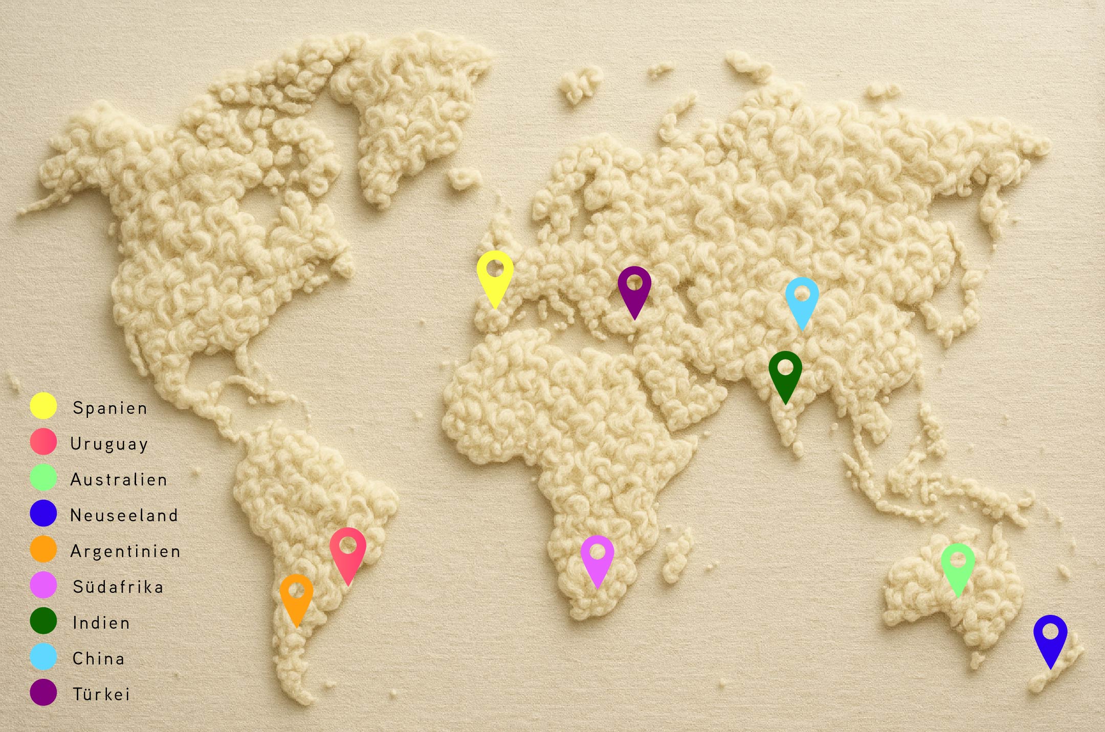 Weltkarte aus Schafwolle mit markierten Herkunftsländern der Wolle – Spanien, Uruguay, Australien, Neuseeland, Argentinien, Südafrika, Indien, China und Türkei